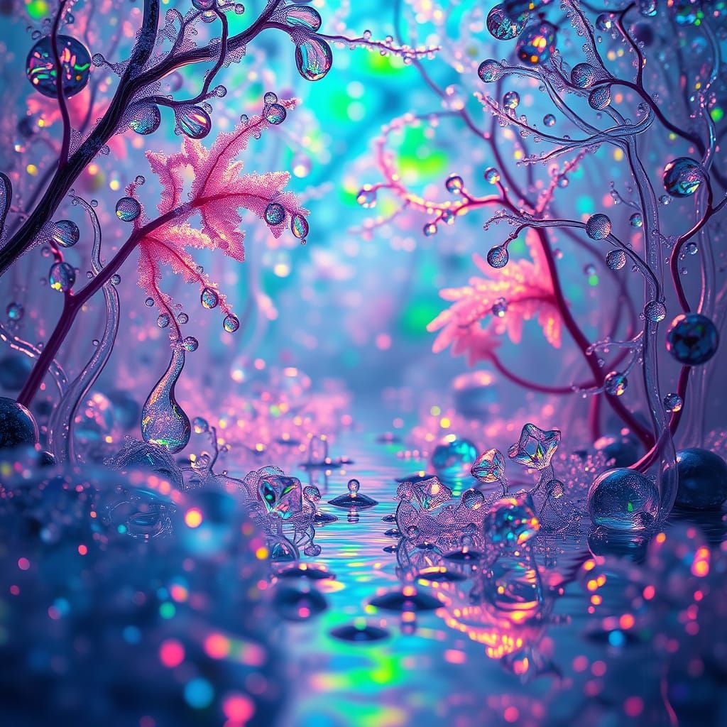 Luminous Water Droplet Landscape in Iridescent Hues