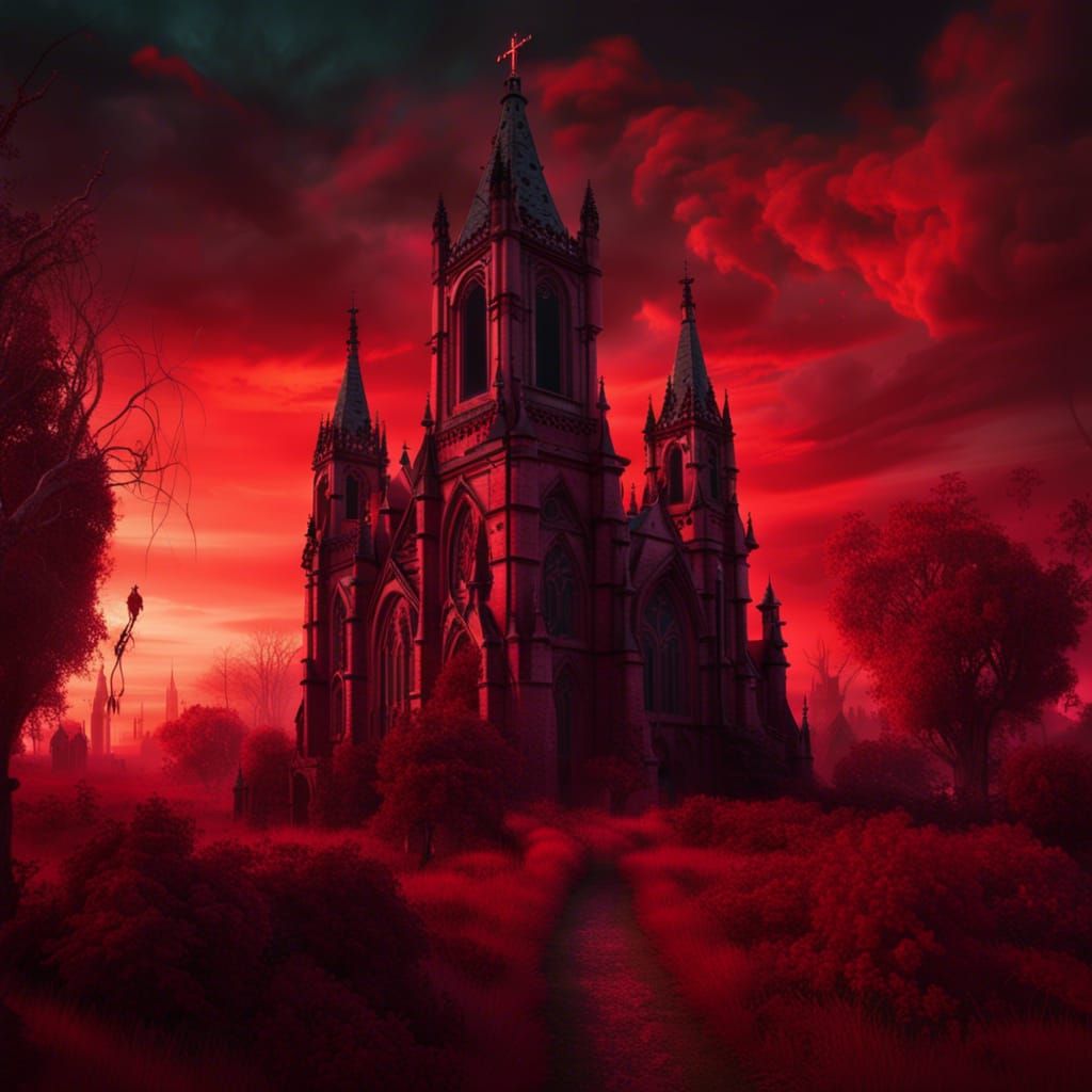 Dramatic Gothic Church with Demons in Digital Painting