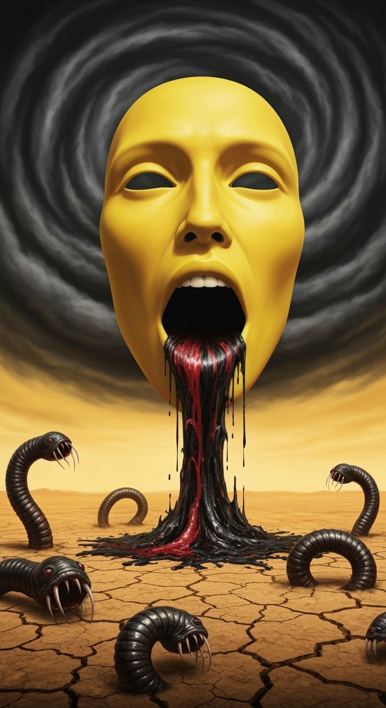 Surreal Wasteland Face Pouring Liquid, Dark Art Style