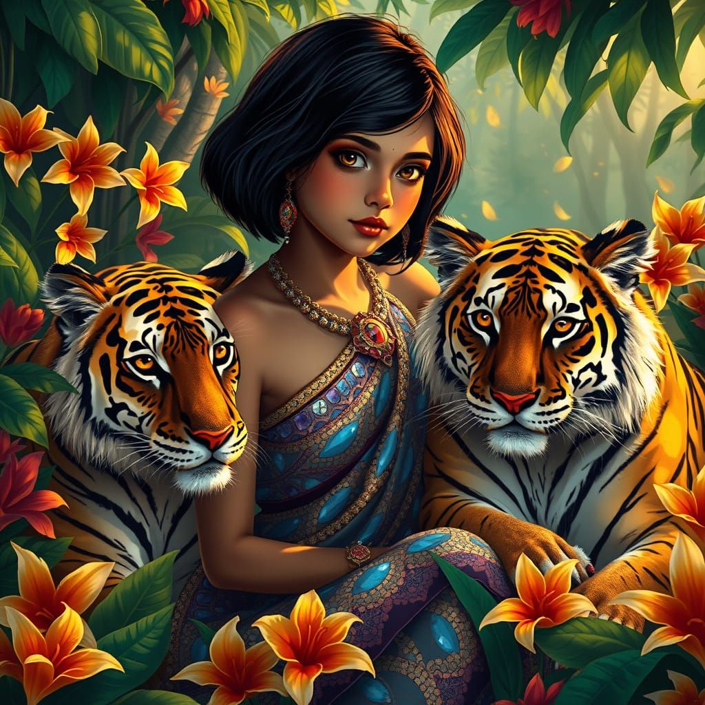 Serene Indian Girl in Tropical Garden with Gentle Tigers