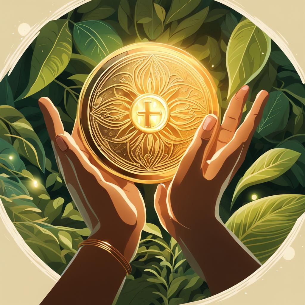 Glowing Coin in Lush Greenery: Spiritual Concept Art