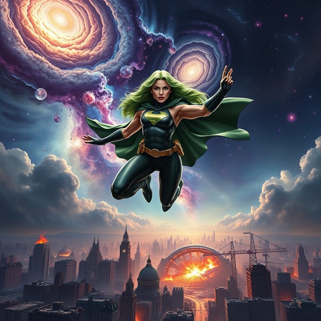 Cosmic Green Haired Heroine Over Cityscape