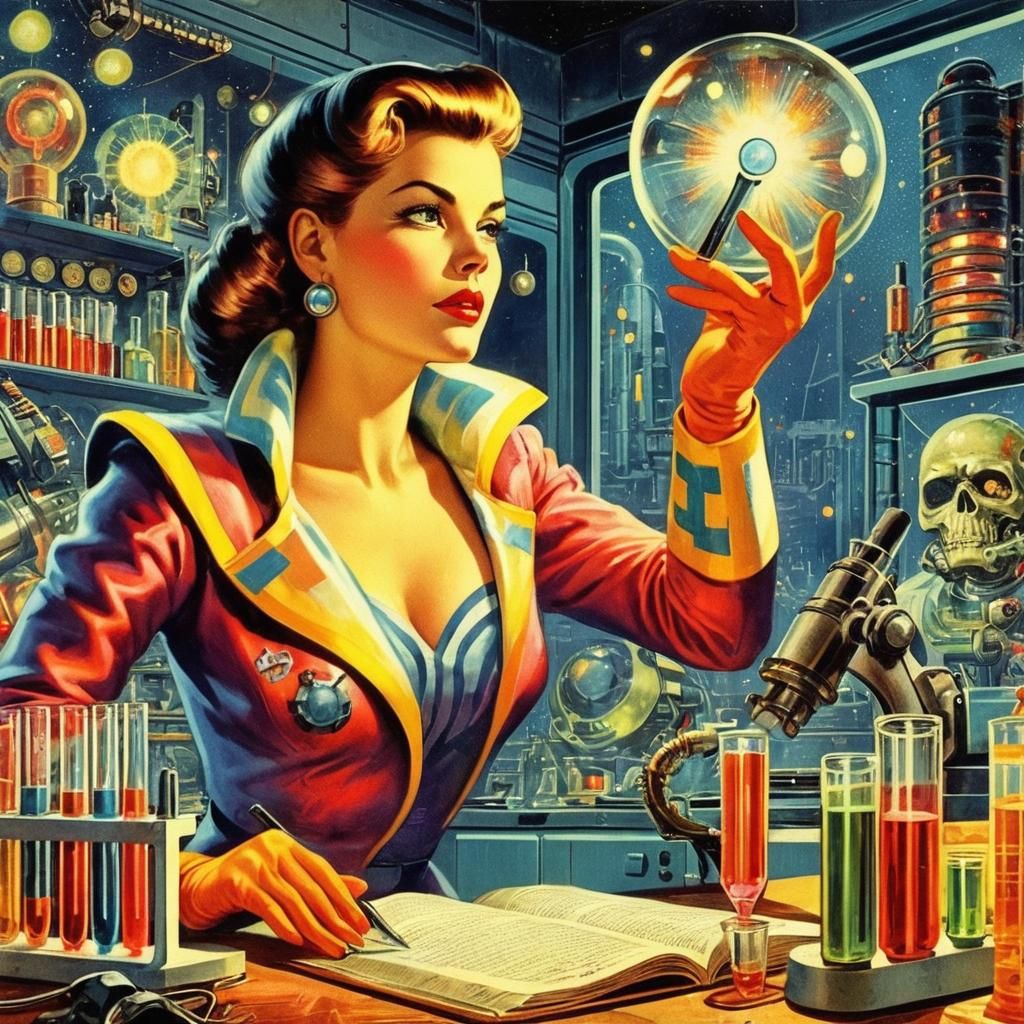Retro Pulp Magazine Cover: Female Scientist in Lab