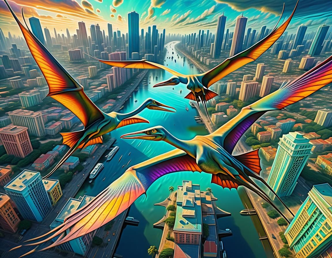 Aerial Cityscape with Flying Pterodactyls: DeepDream Splash ...
