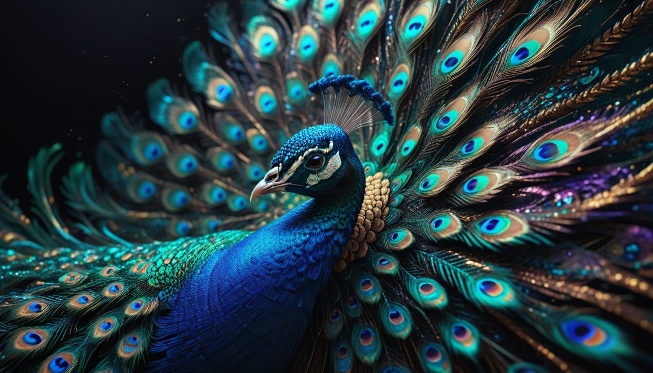 Iridescent Peacock Feathers in Splash Art Style