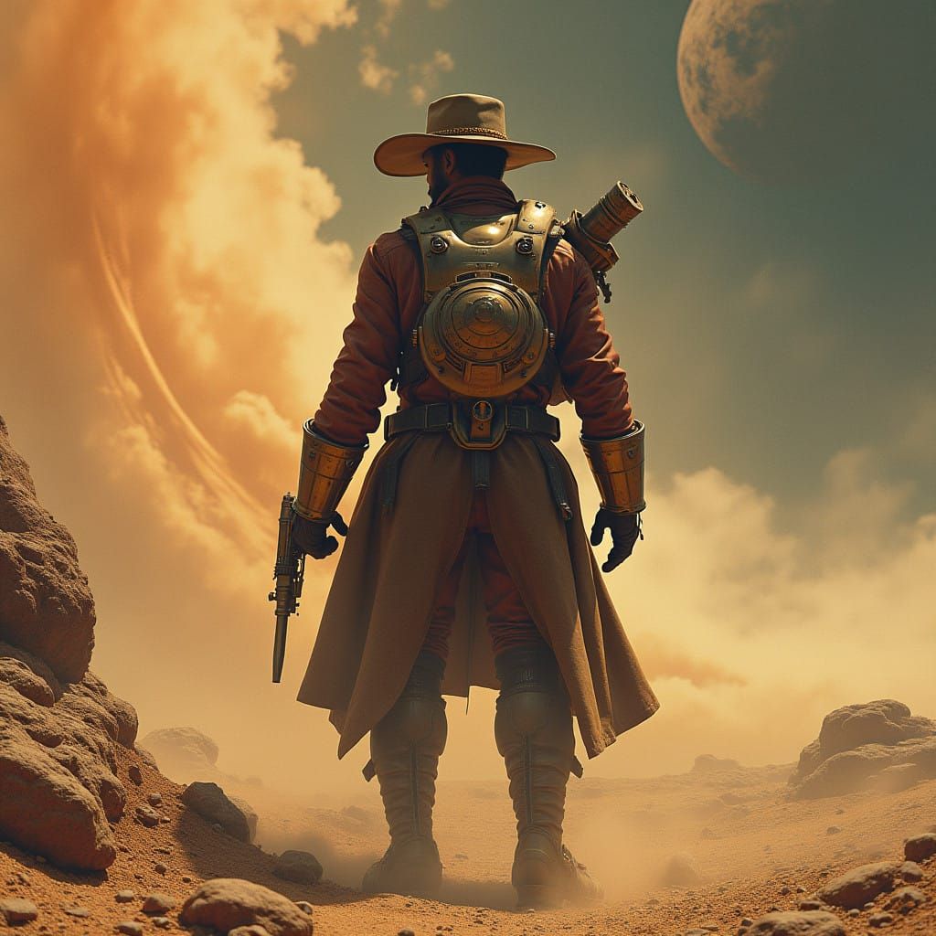 Heroic Space Cowboy in Stunning Sci-Fi Western Aesthetic