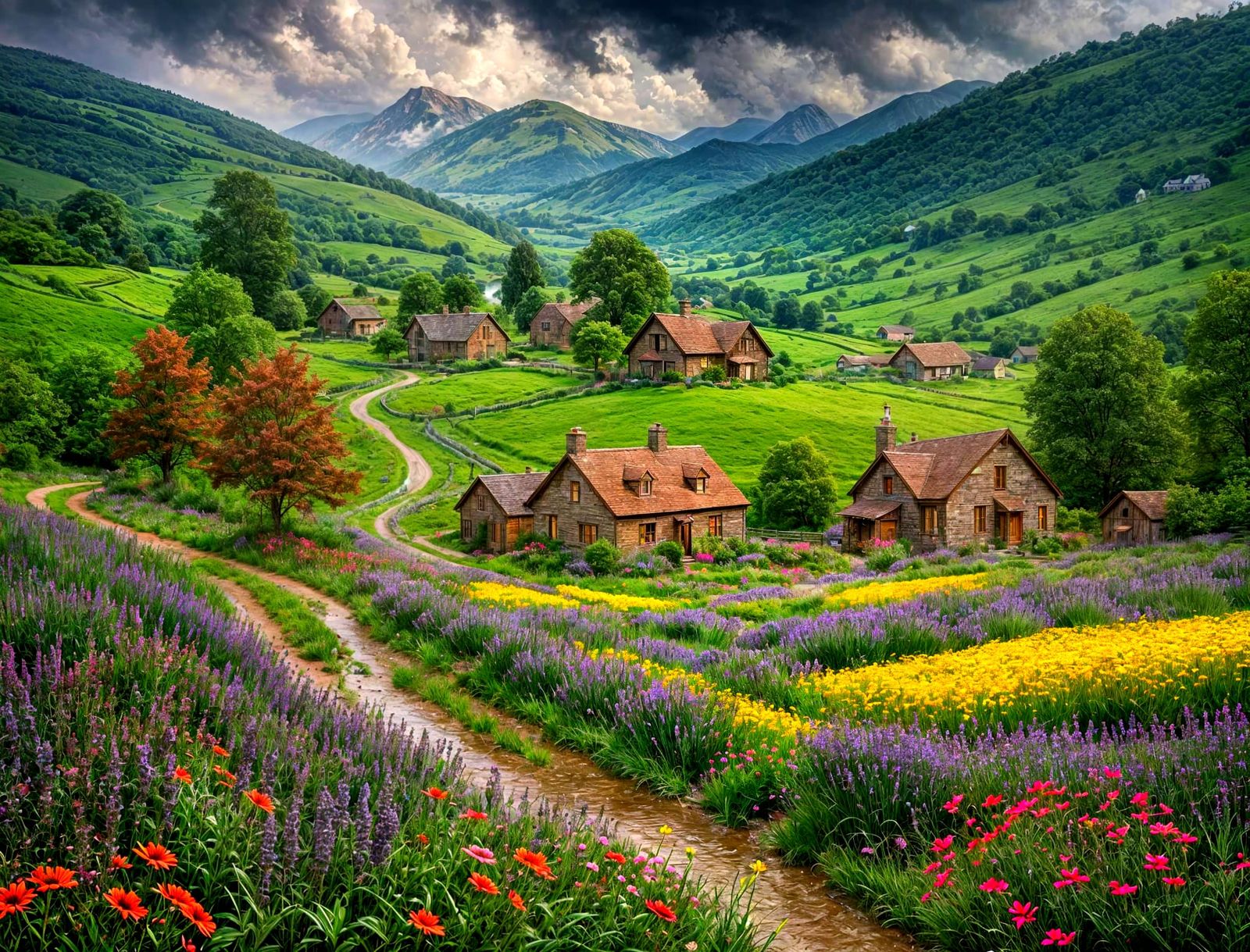 Rainy Valley Landscape in Hyperrealistic Style