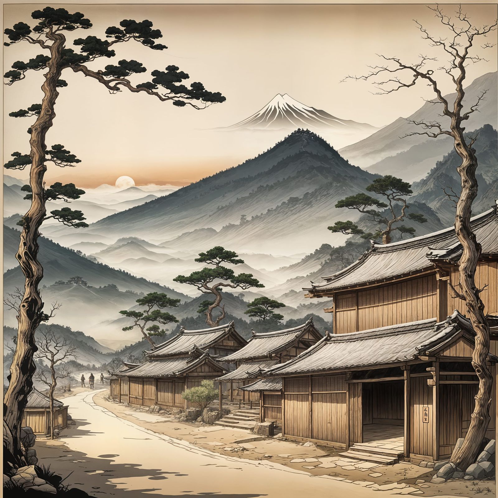 A Mountain Landscape Next to a Samurai Village,