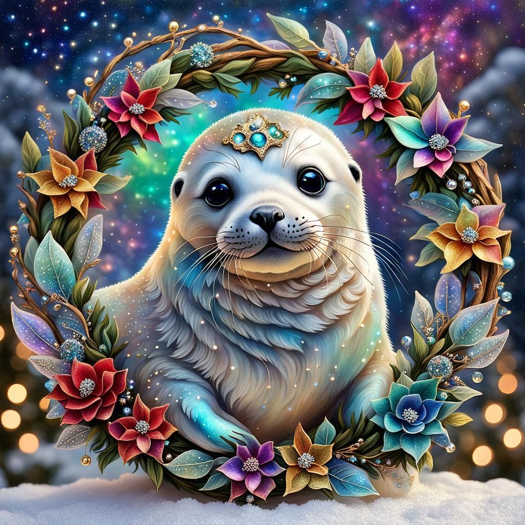 Festive Baby Seal in Galaxy Wreath, Medieval Oil Painting