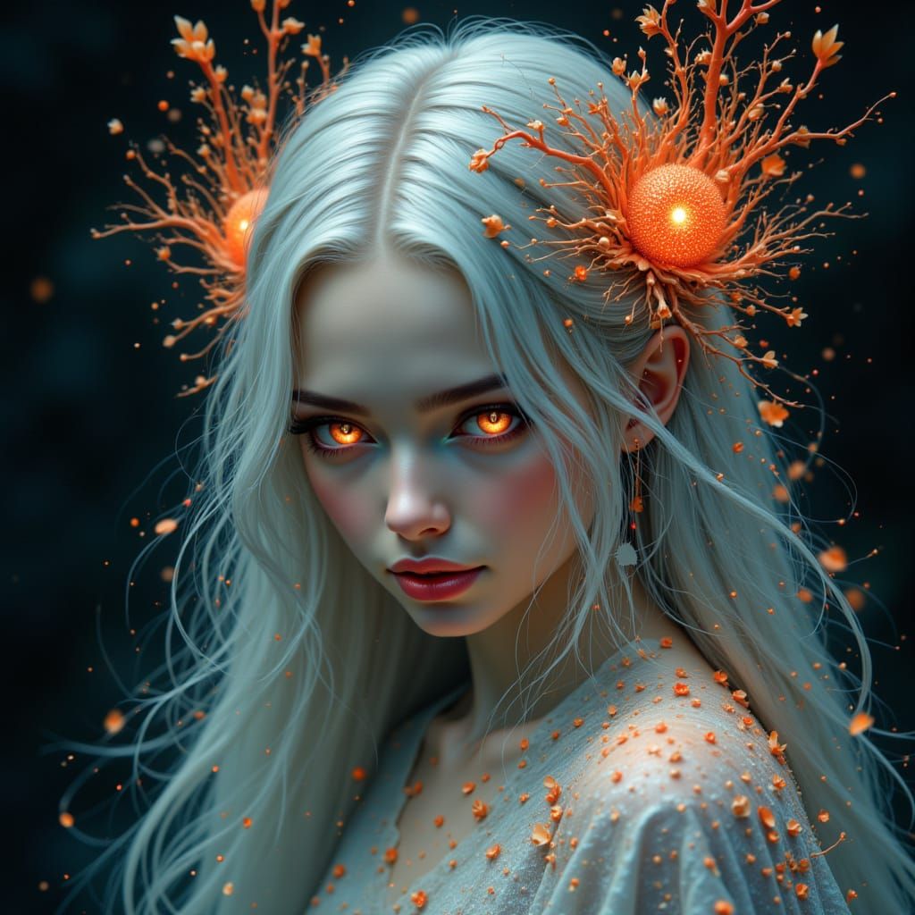 Ethereal Woman with Silver Hair in Anime Style