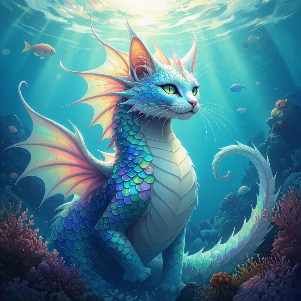 Majestic Sea Dragon Cat in Mystical Oceanic Art