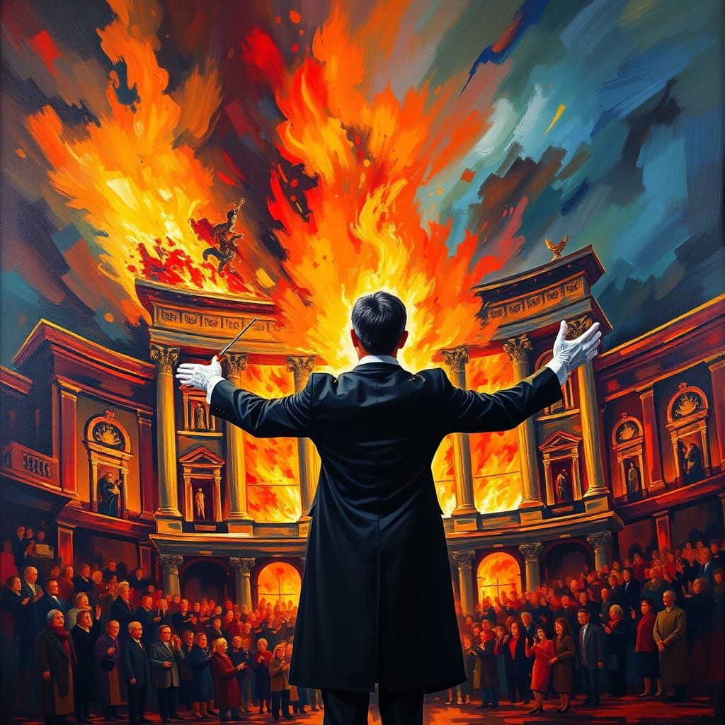 Conductor Amidst the Blazing Opera House