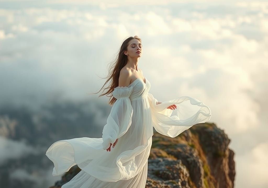 Woman on Windswept Cliff in Dreamy Ethereal Style