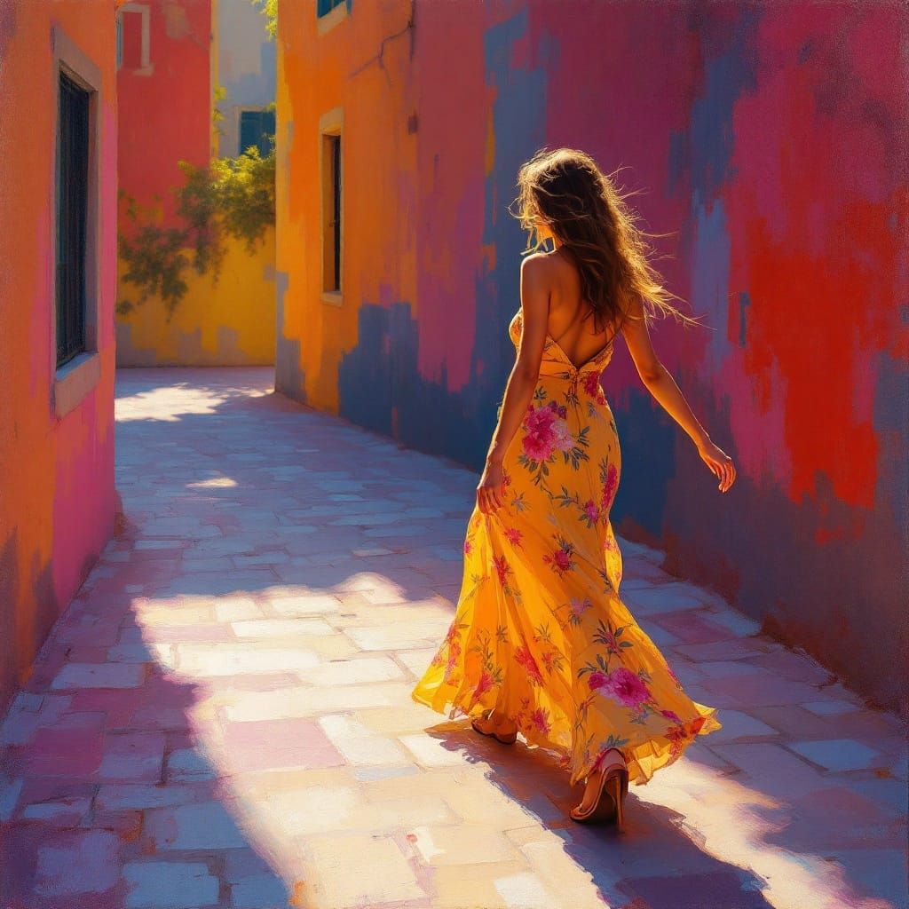 Radiant Woman Walks Down Sunlit Street as Oil Painting