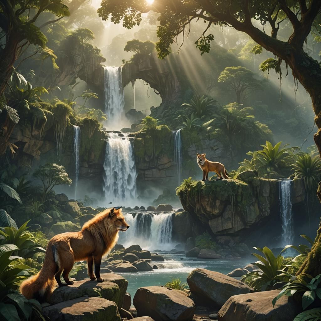 Fox and Lion in Jungle Waterfall Fantasy Art