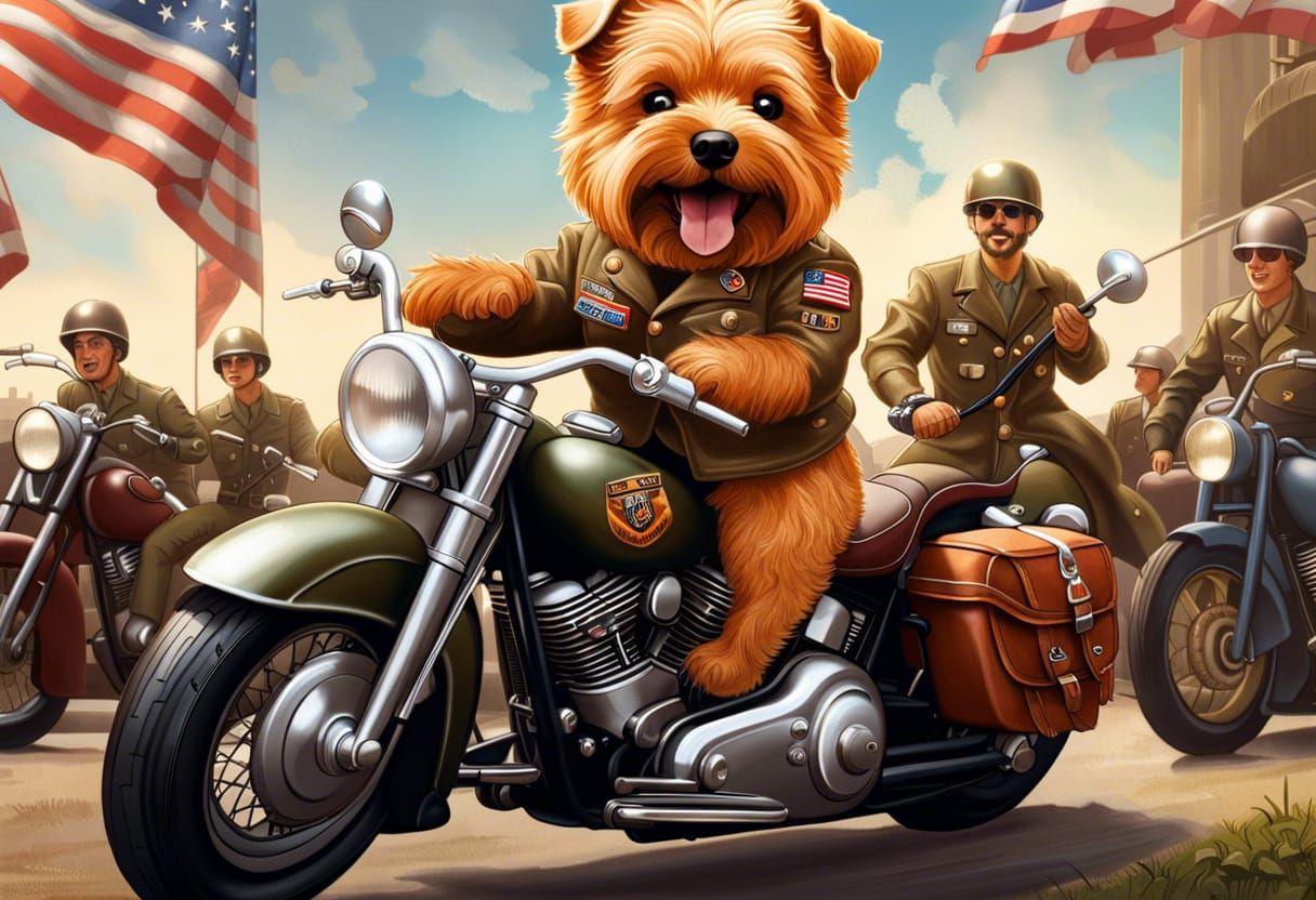Norfolk Terrier Soldier Rides a Harley