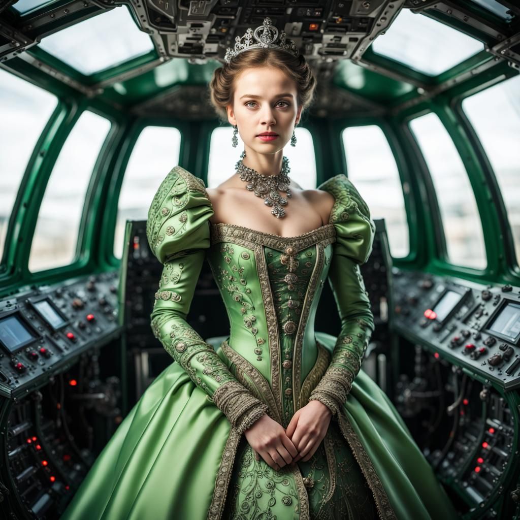 Princess in Elizabethan Gown in Spaceship Cockpit