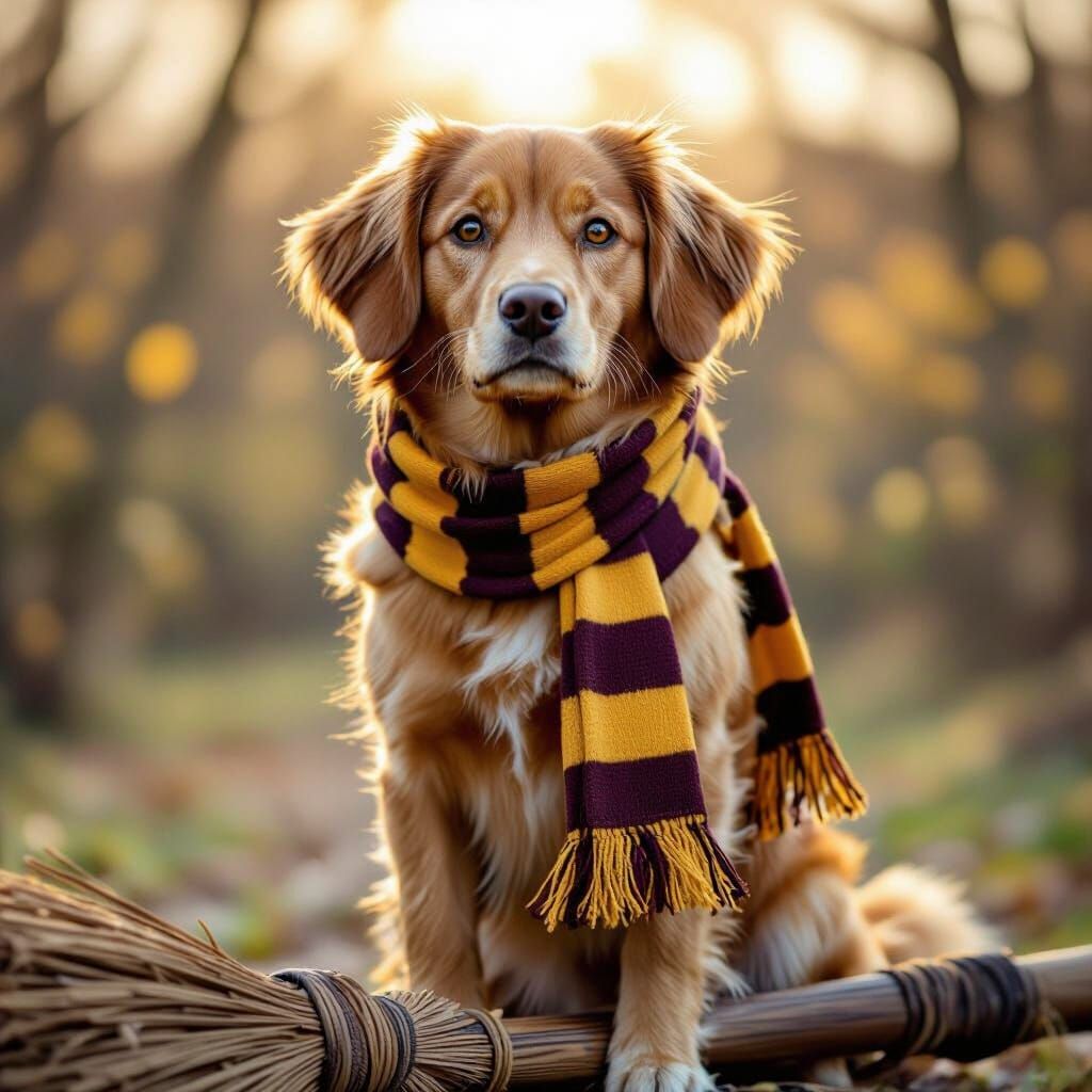 Hufflepuff Dog on Broomstick, Professional Photo