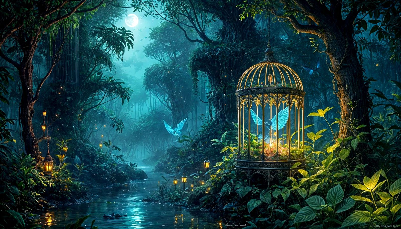 Bioluminescent Jungle Blooms Inside Gilded Birdcage