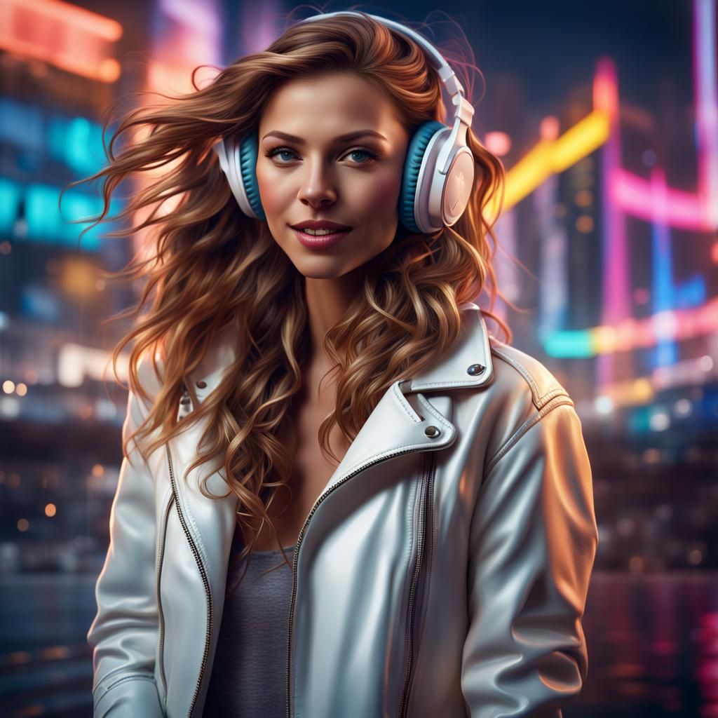 Woman Listening to Music in Neon Cityscape