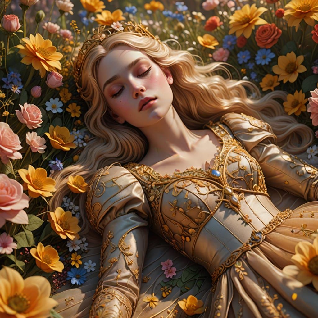 Sleeping Beauty in a Whimsical Floral Oasis