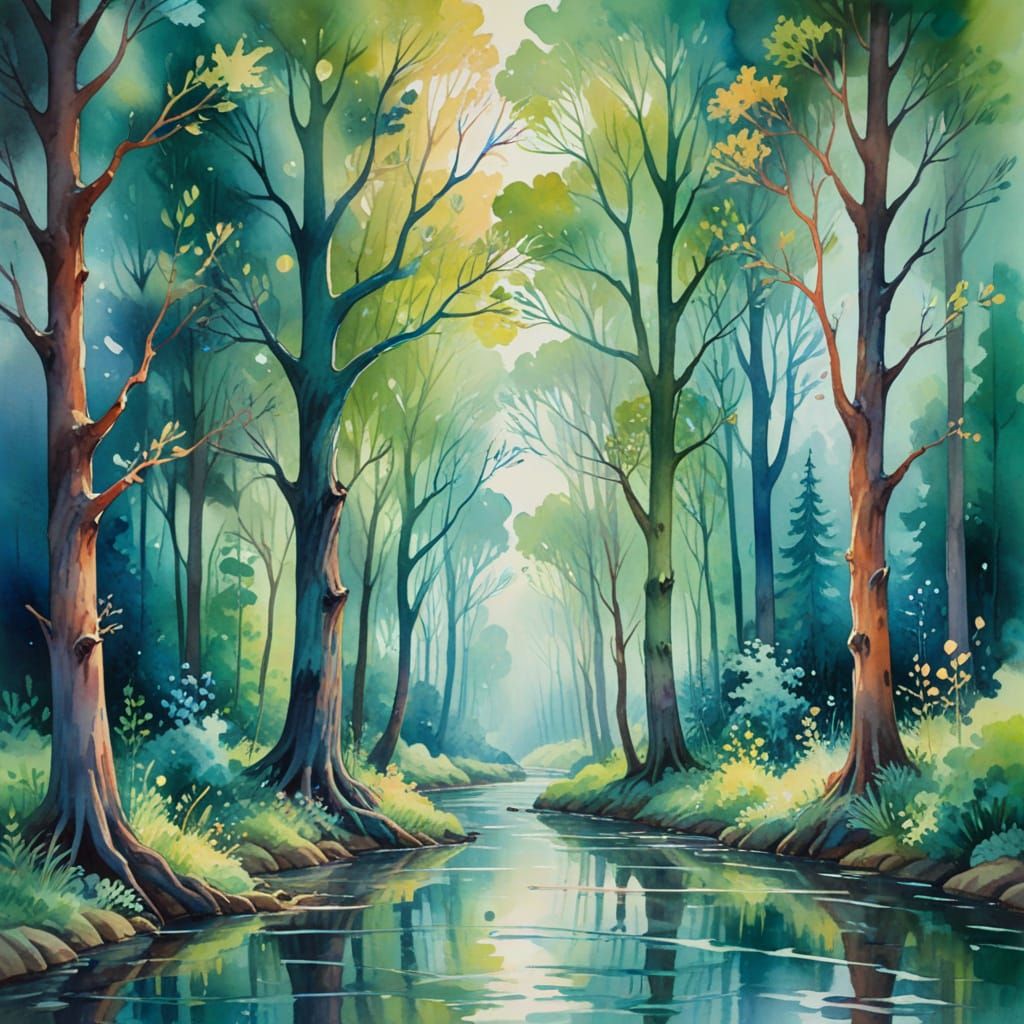 Whimsical Watercolor Forest with Melting Trees
