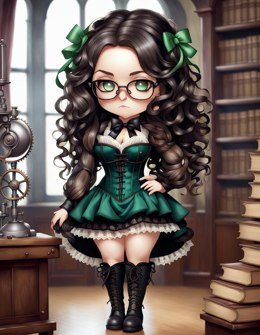 Chibi Goth Librarian with Steampunk Engine