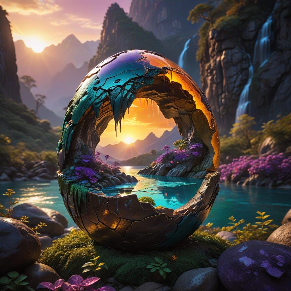 Lush Ecosystem Inside a Cracked Dragon Egg