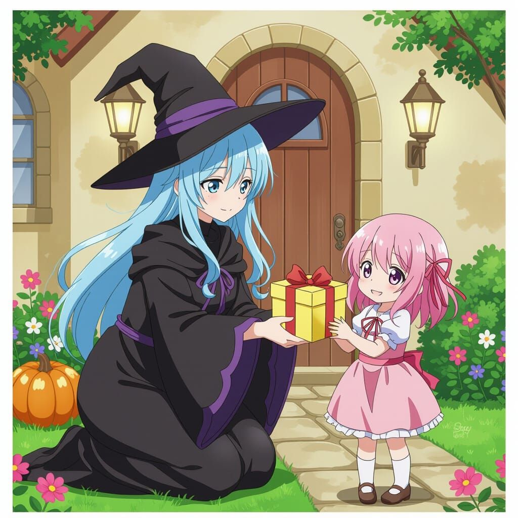 Anime Witch Delivers Gift to Little Girl
