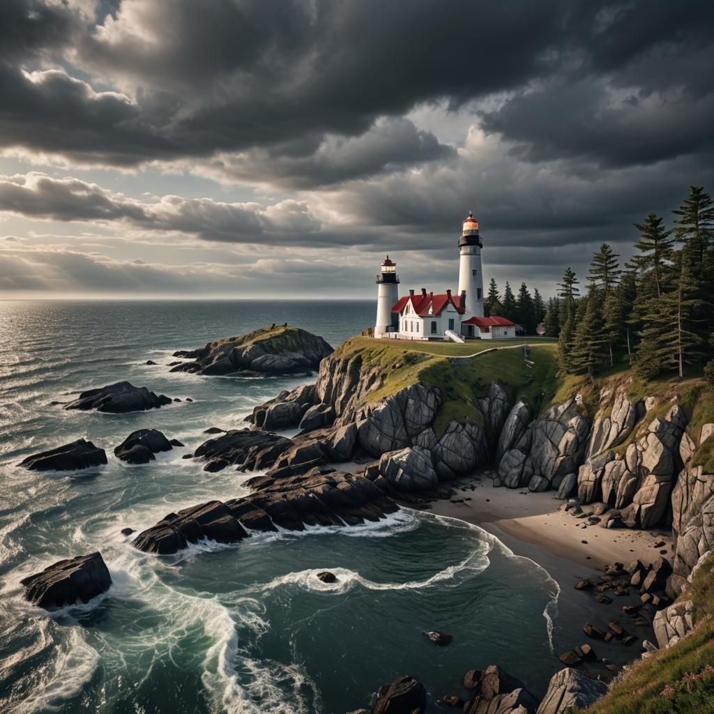 Hyperrealistic Lighthouse on Island, Sharp Focus