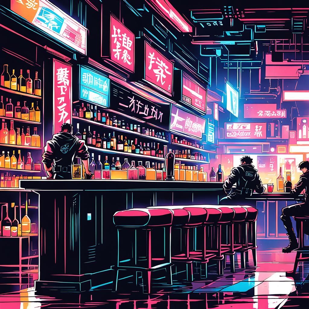 Cyberpunk Bar Scene in Anime Style