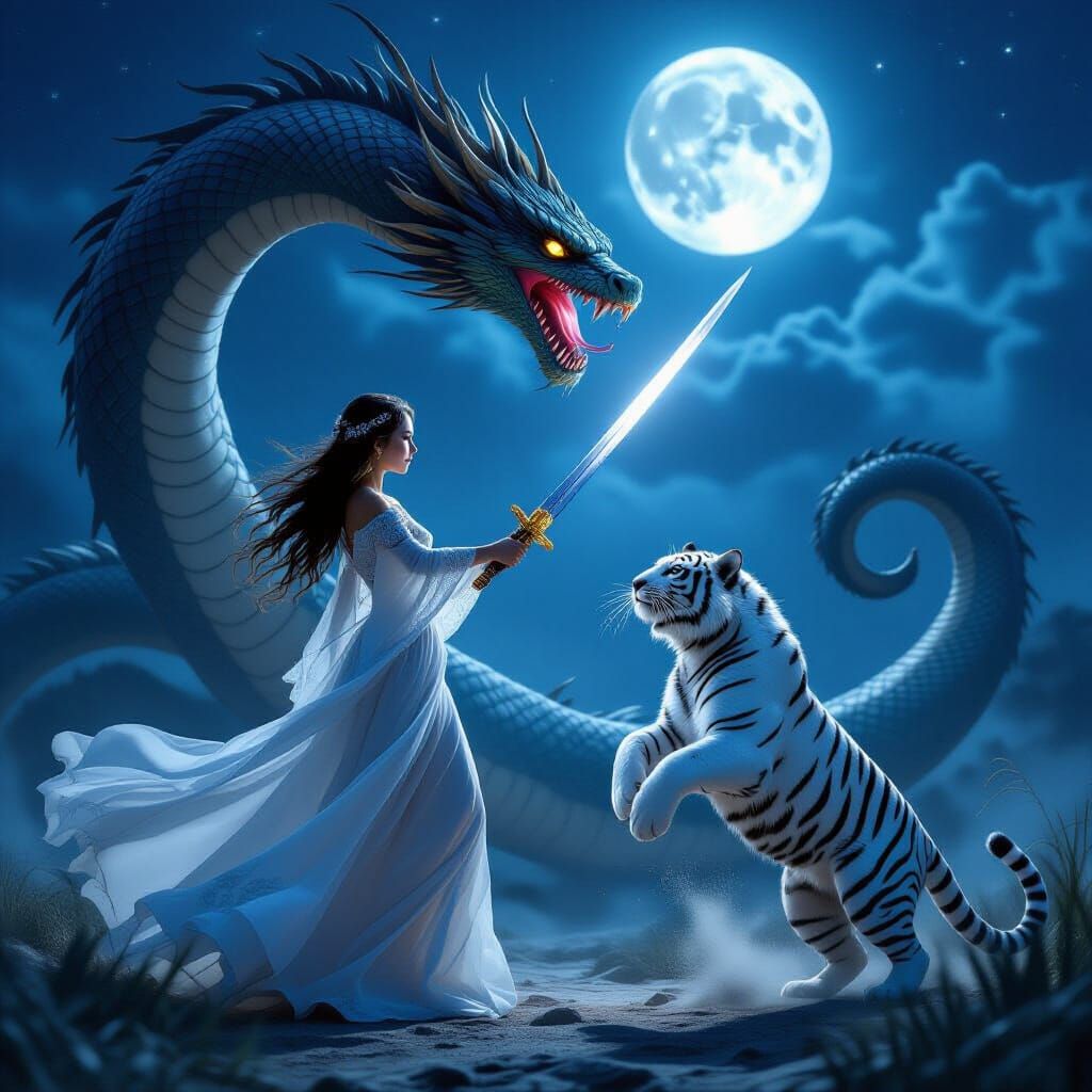 Woman Battles Serpent with Tiger Companion