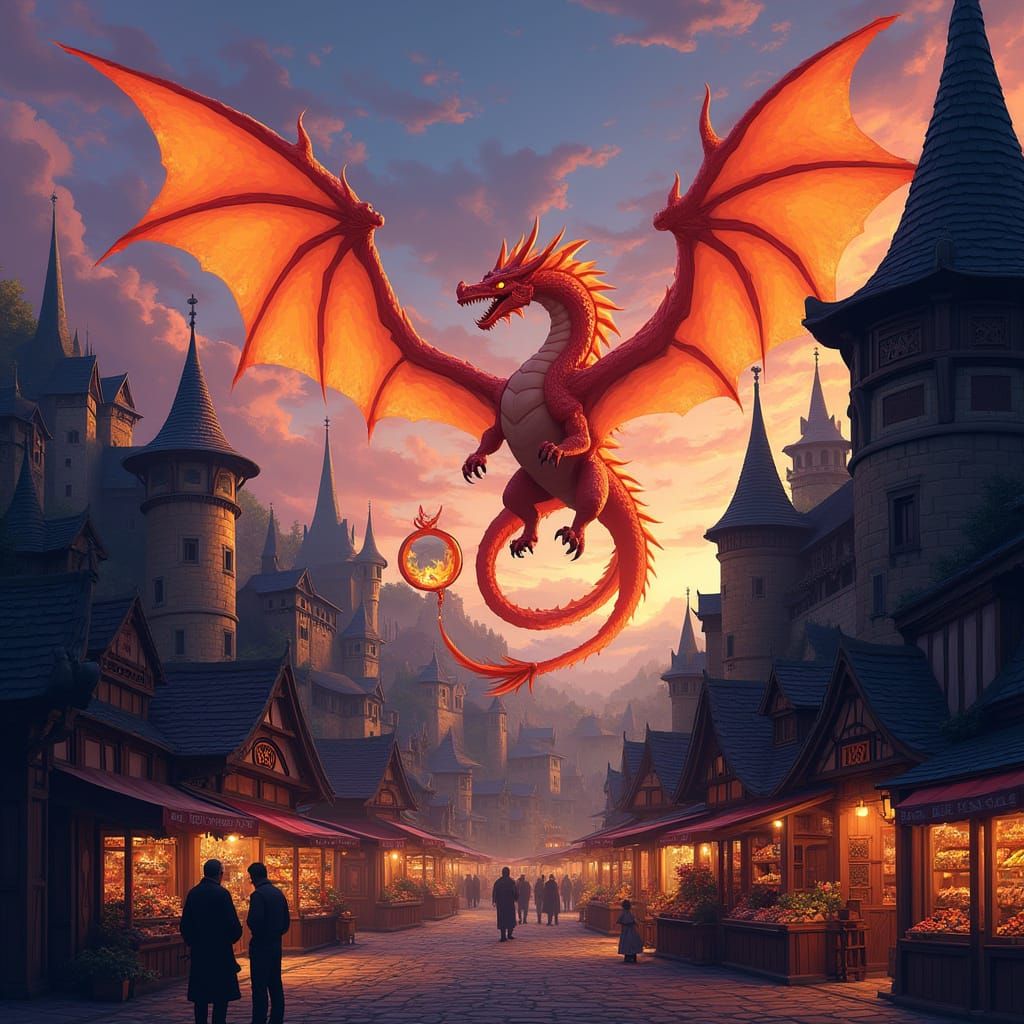 Fire Dragon Soaring Over Medieval City, Fantasy Art