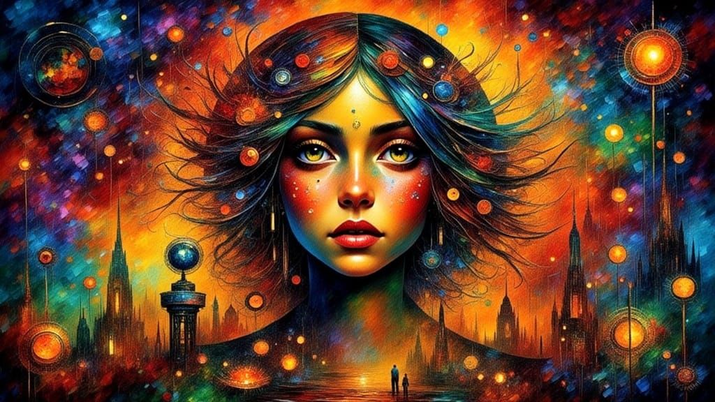 Vibrant Psychedelic Sun with Radiant Woman's Face