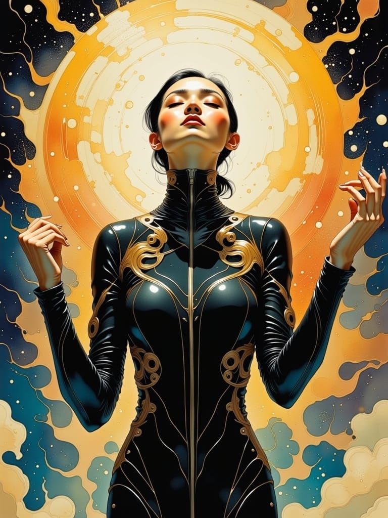 Ethereal Korean Woman in Flight Suit Adorned with Sacred Pat...