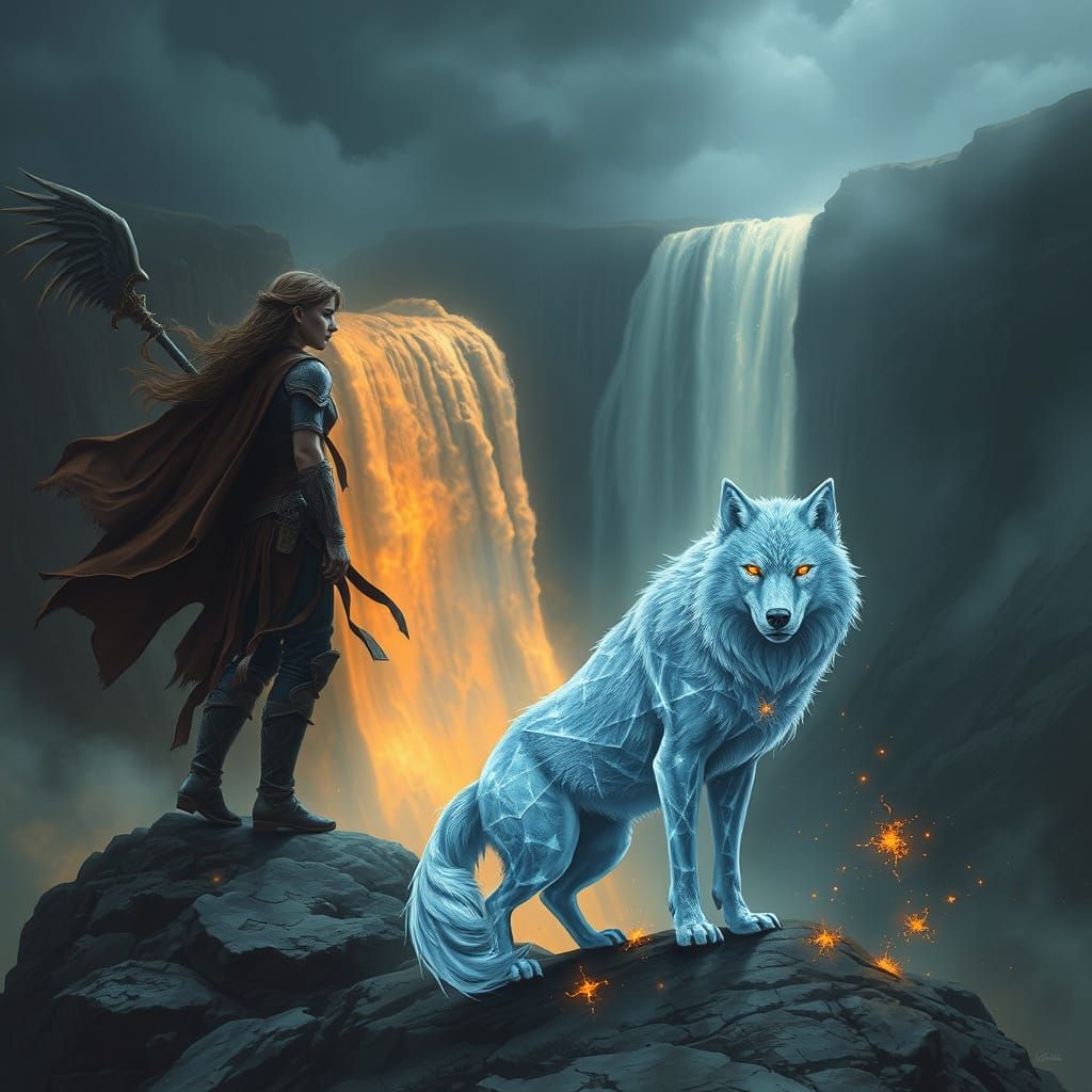 Valkyrie and Crystal Wolf Overlook Stormy Valley