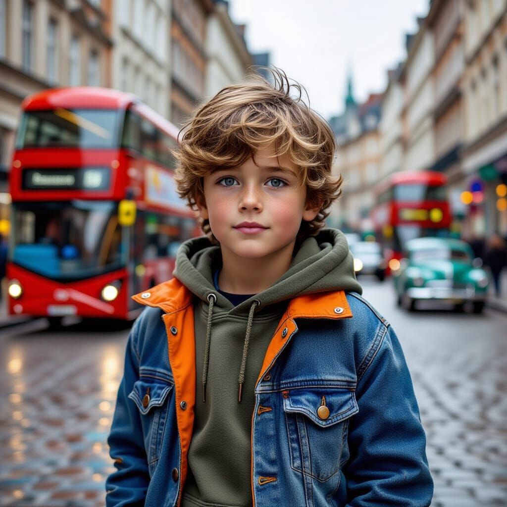 Boy on Cobblestone Street with Artistic Paint Splatters