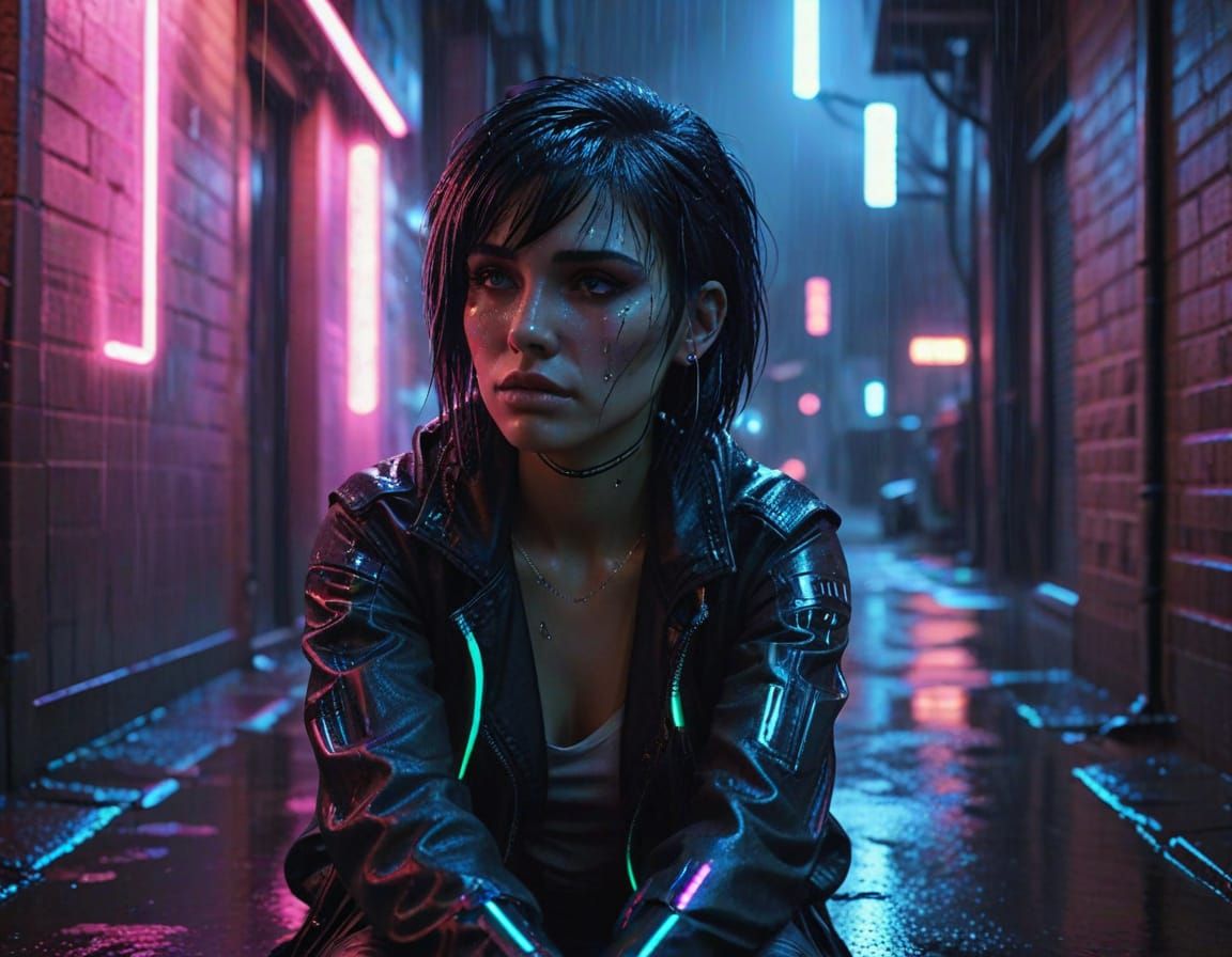 Cybernetic Emo Woman in Neon Alleyway