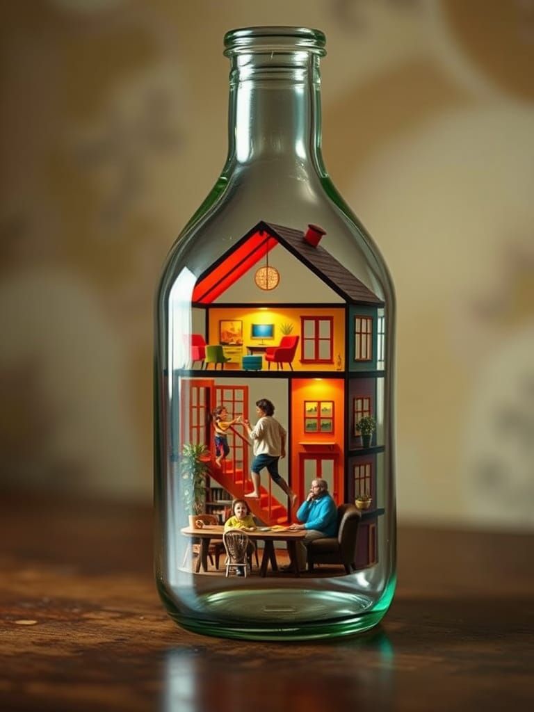 Whimsical Scene of Family Life in a Transparent Bottle