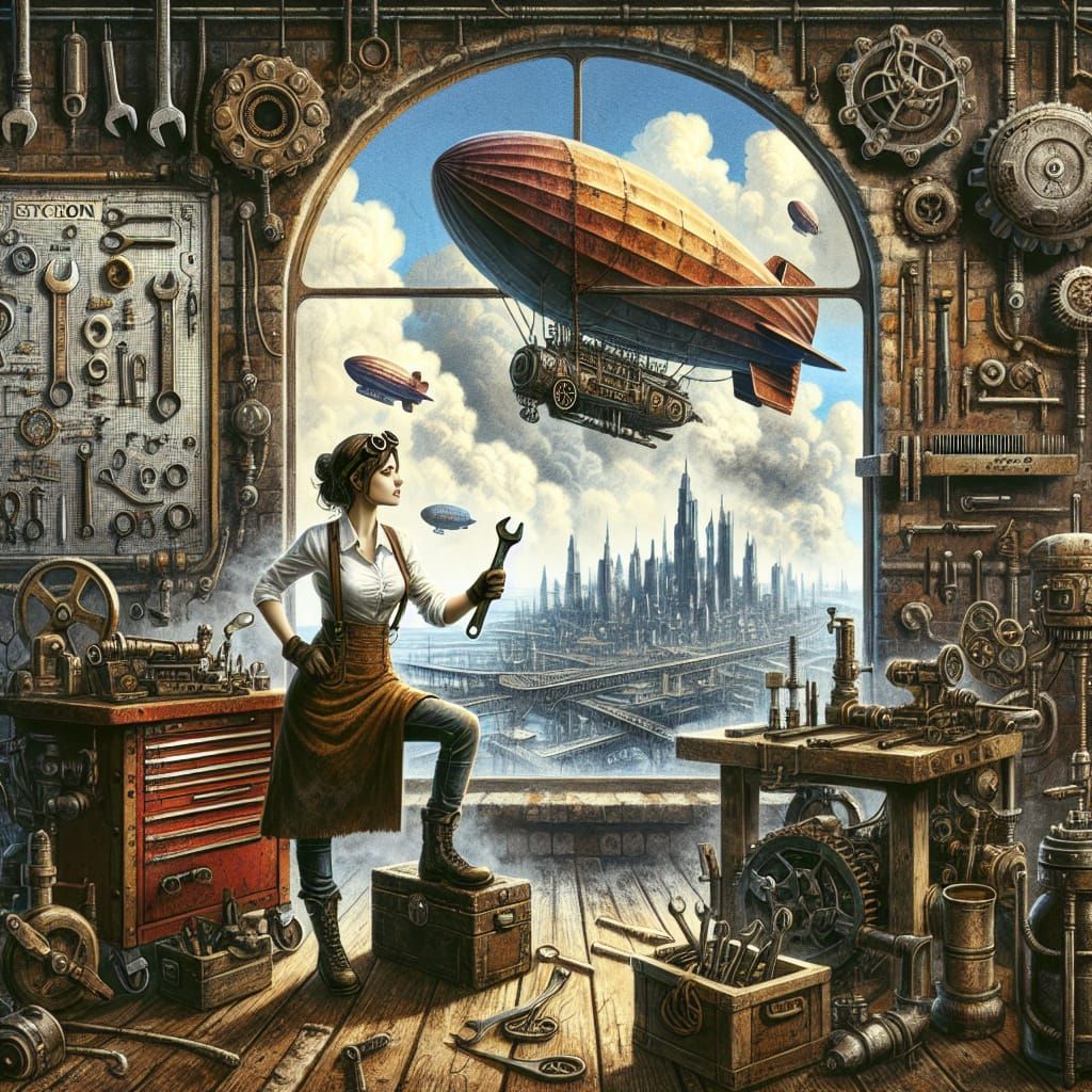 Rustic Steampunk Mechanic Woman in Her Shop