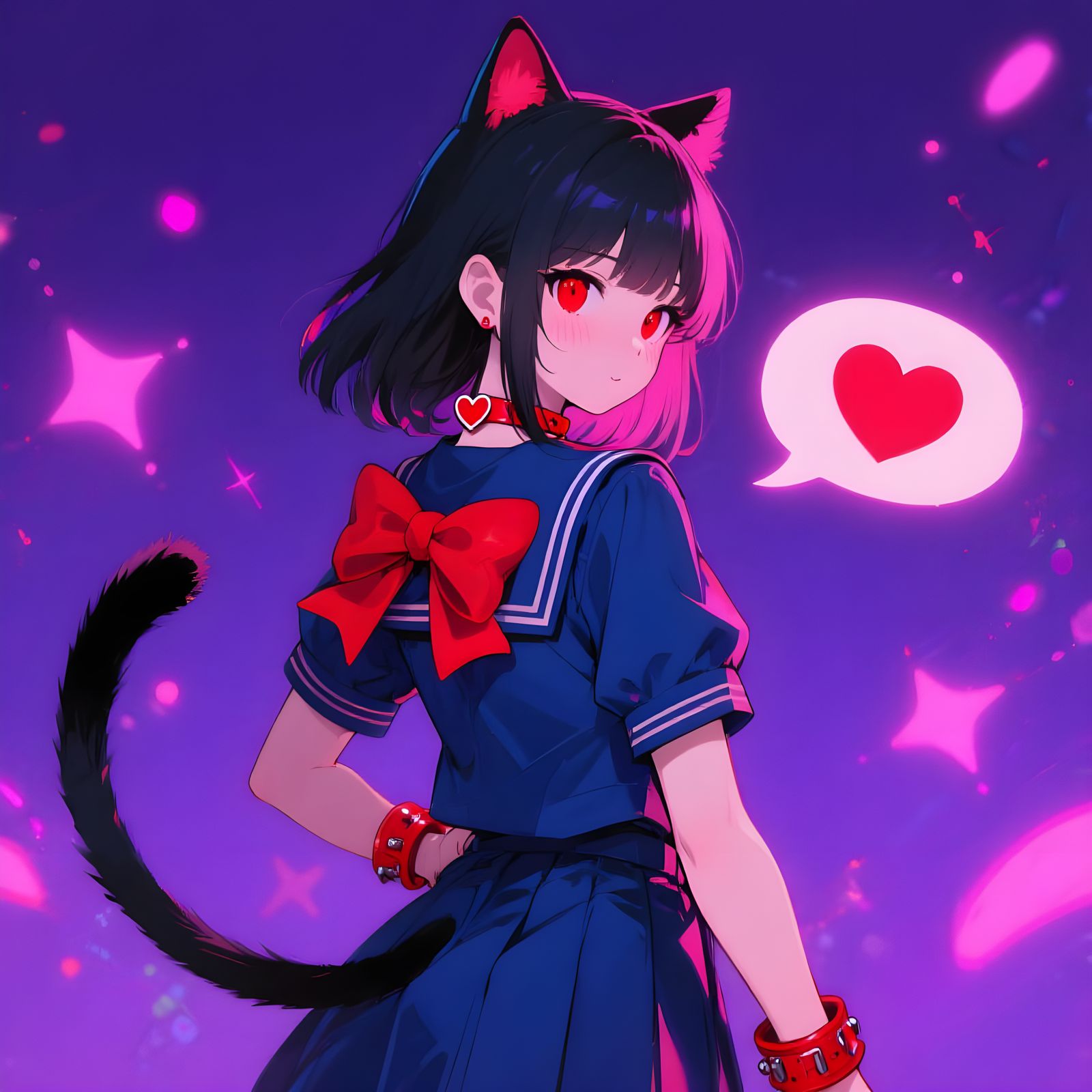 Anime Girl with Cat Ears in Neon Style