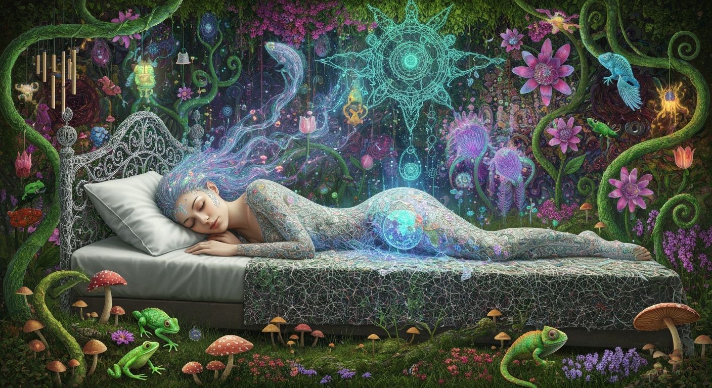 Dreamlike Scene: Woman Asleep in Bioluminescent Garden