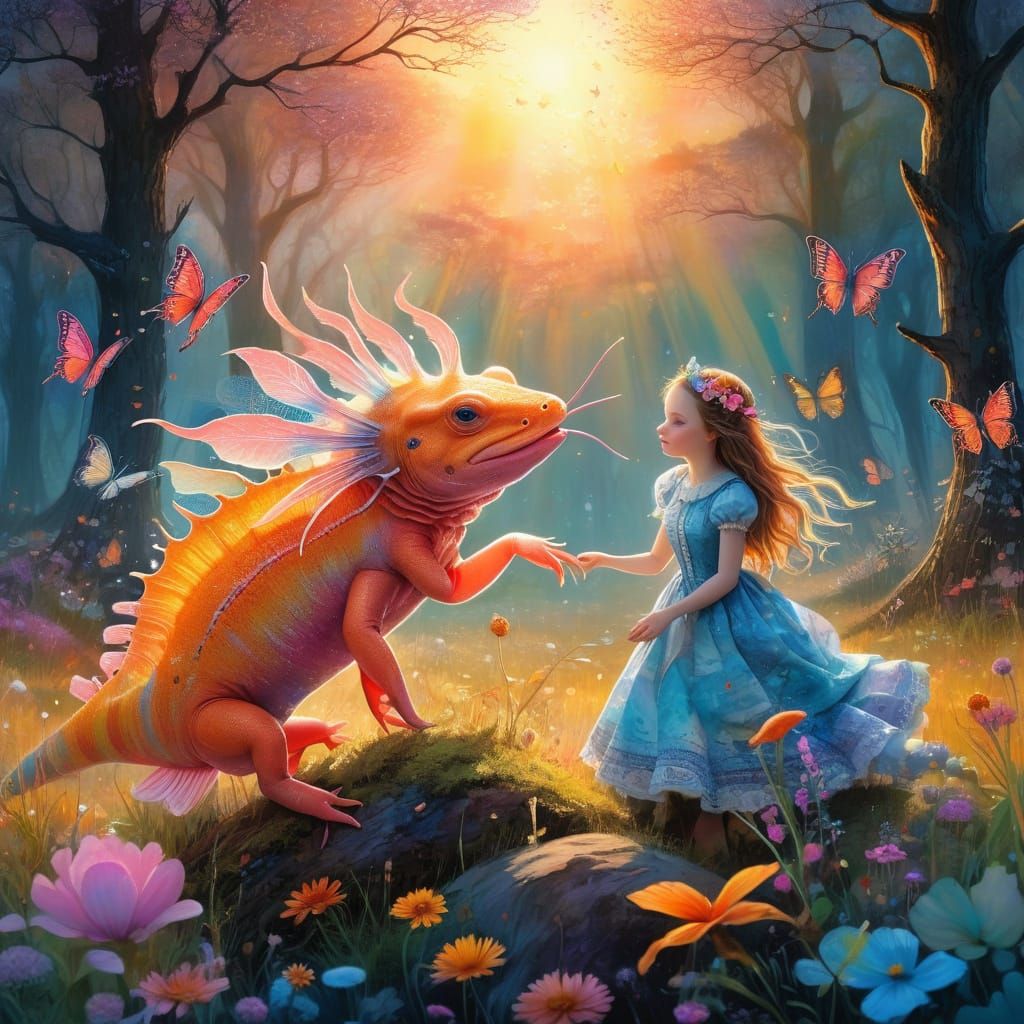 Whimsical Wonderland: Axolotl and Alice's Serene Encounter