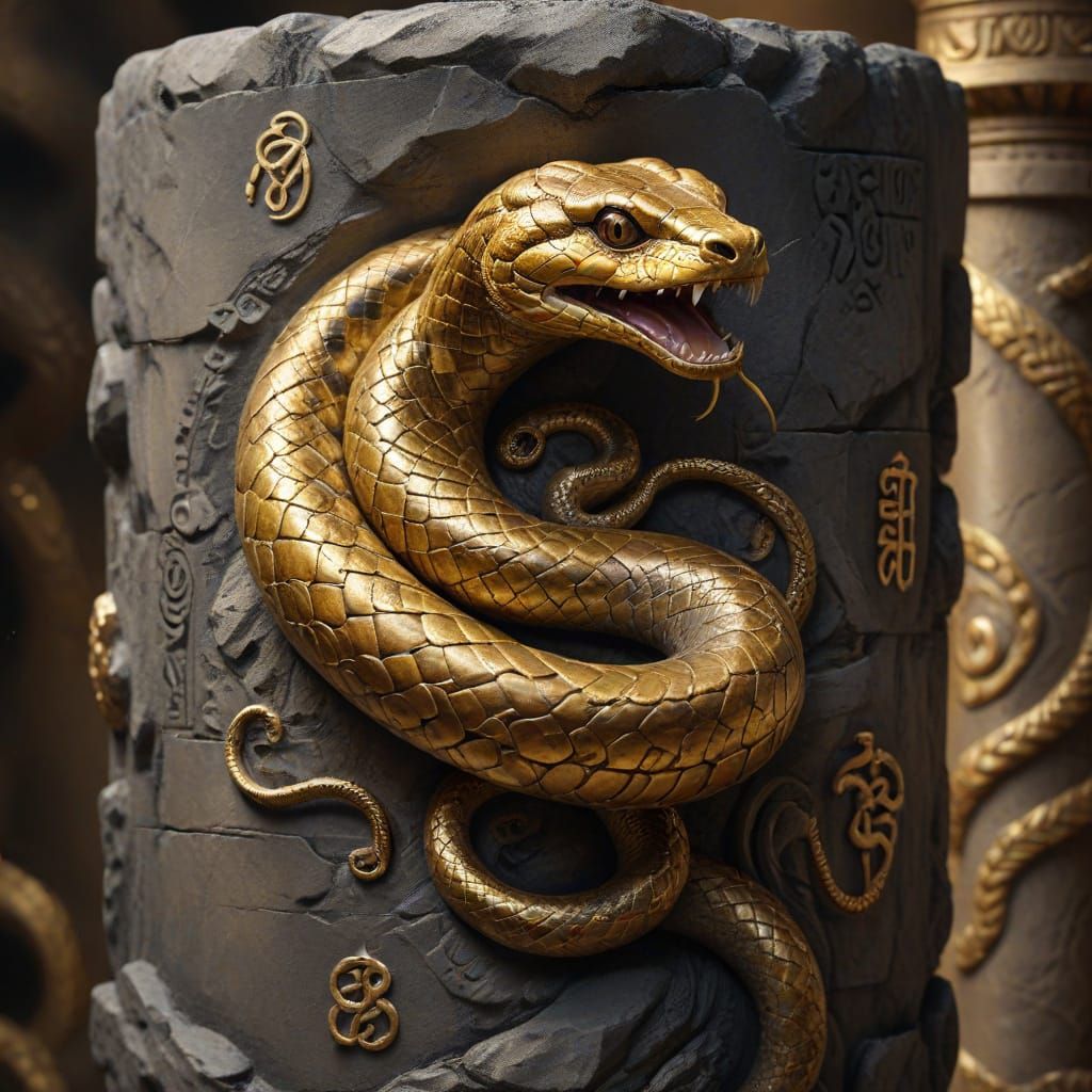 Hyperdetailed Charcoal Drawing of Golden Snake Coiled Around...