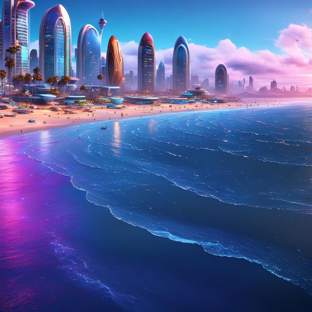 Futuristic San Diego Beach in Detailed Matte Painting Style