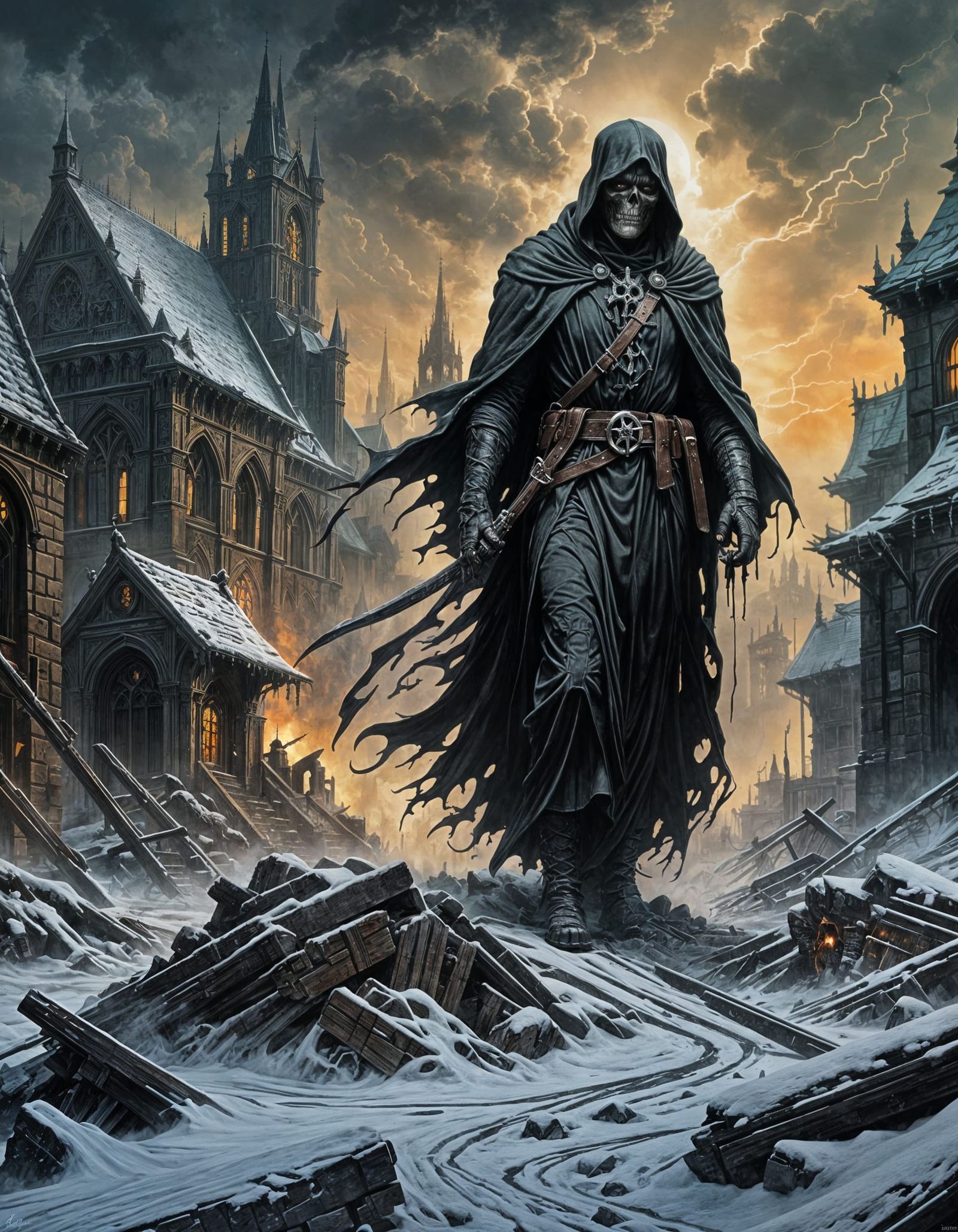 The Grim Reaper Stands in a Desolate Neo-Gothic Landscape