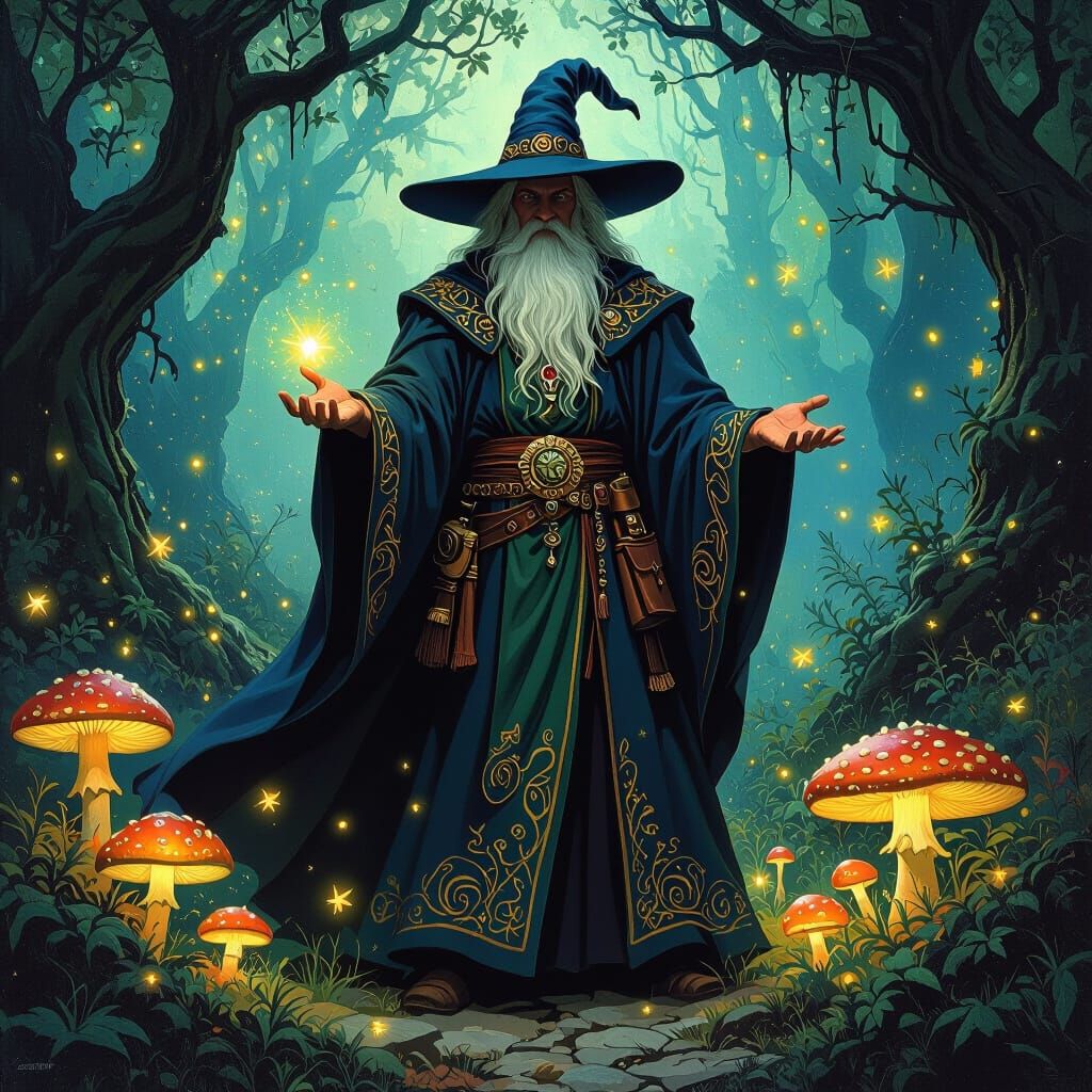 Wise Wizard in Enchanted Forest, Frazetta & Wrightson Style