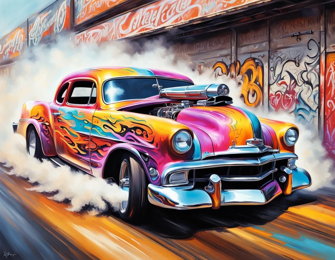 Retro Hotrod Drag Racing in Graffiti Art Style
