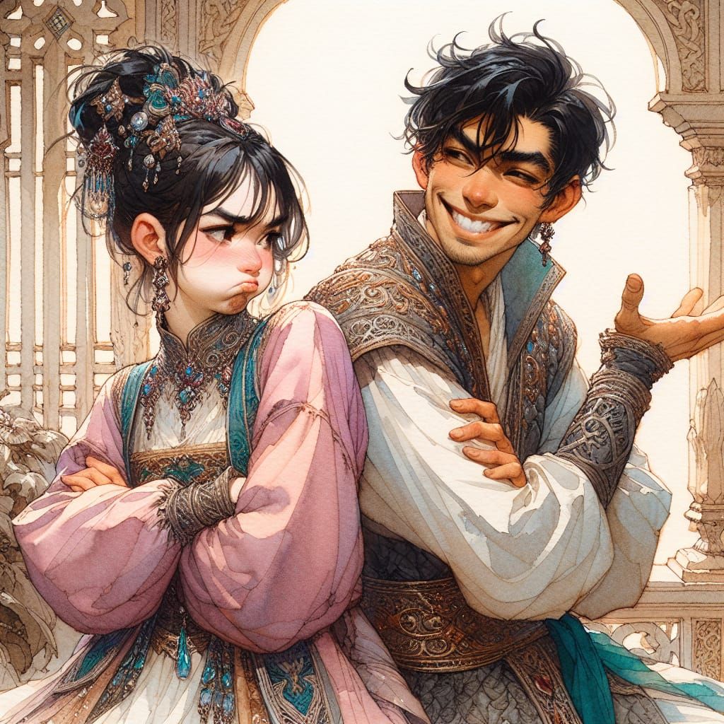 Charming Fantasy Couple in Whimsical Watercolor-Inspired Art