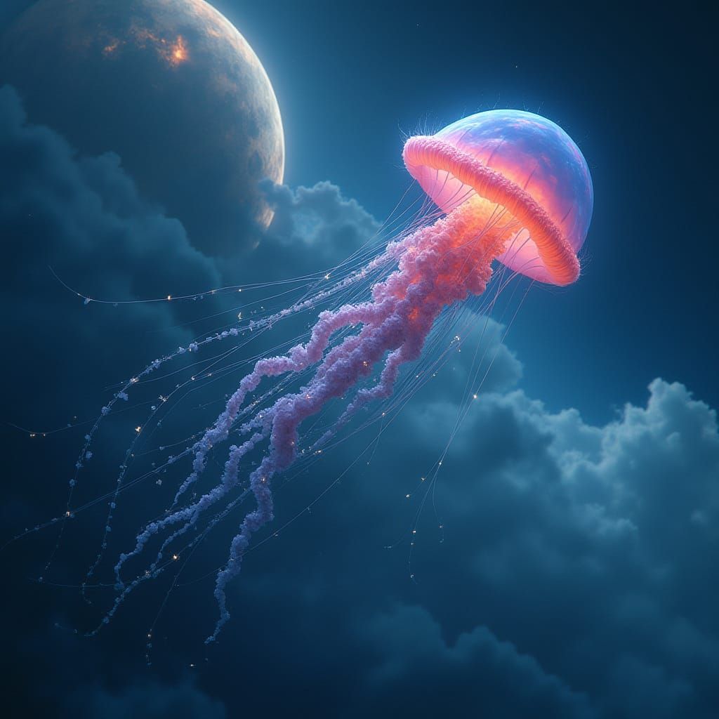 Gas Giant Landscape with Bioluminescent Jellyfish in Hyperre...